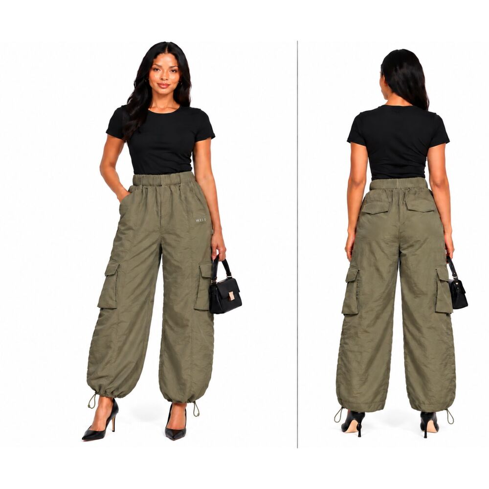 Wilo the Label Olive Green Wide Leg High Rise Cargo Parachute Utility Pant Small